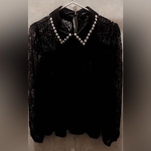 Cute black mesh shirt with pearls and crystals on the collar